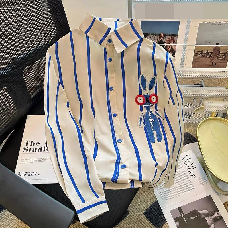 

Spring Korean Design Rabbit Embroidered Blue Striped Shirt Women's Retro Polo Collar Shirt blusa feminina