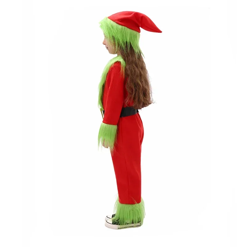 2024 Neujahrs junge Weihnachts mann Outfit Overall mit Hut pelzigen grünen Mädchen Kinder Santa Weihnachts kostüm