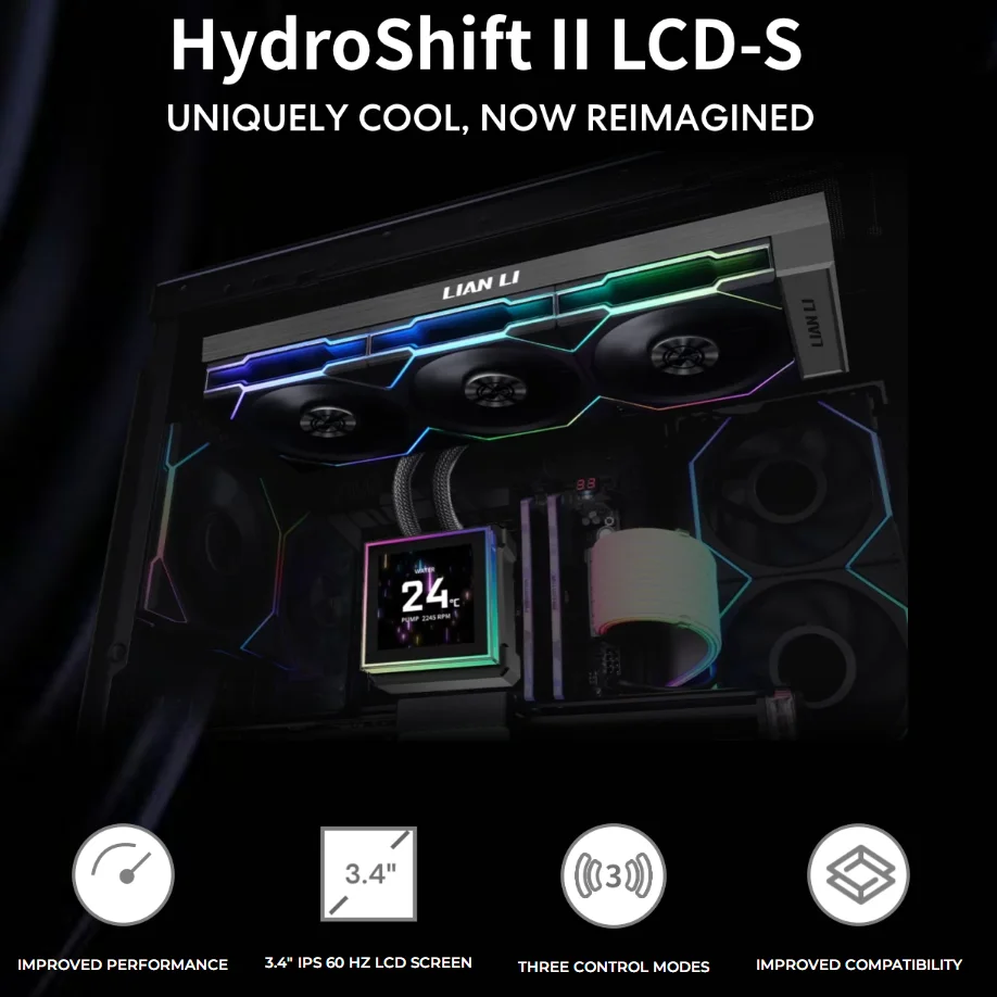 LIANLI HydroShift II LCD-S  360 All-in-one CPU water-cooled , 3.4-inch LCD square screen Fanless version and version with TL fan