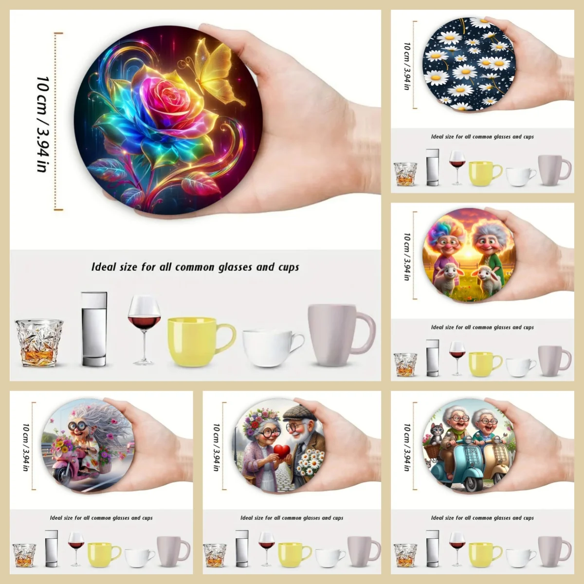 4 anti-slip and heat-insulating wooden coasters with floral or grandma patterns, suitable for kitchen and office festival gifts