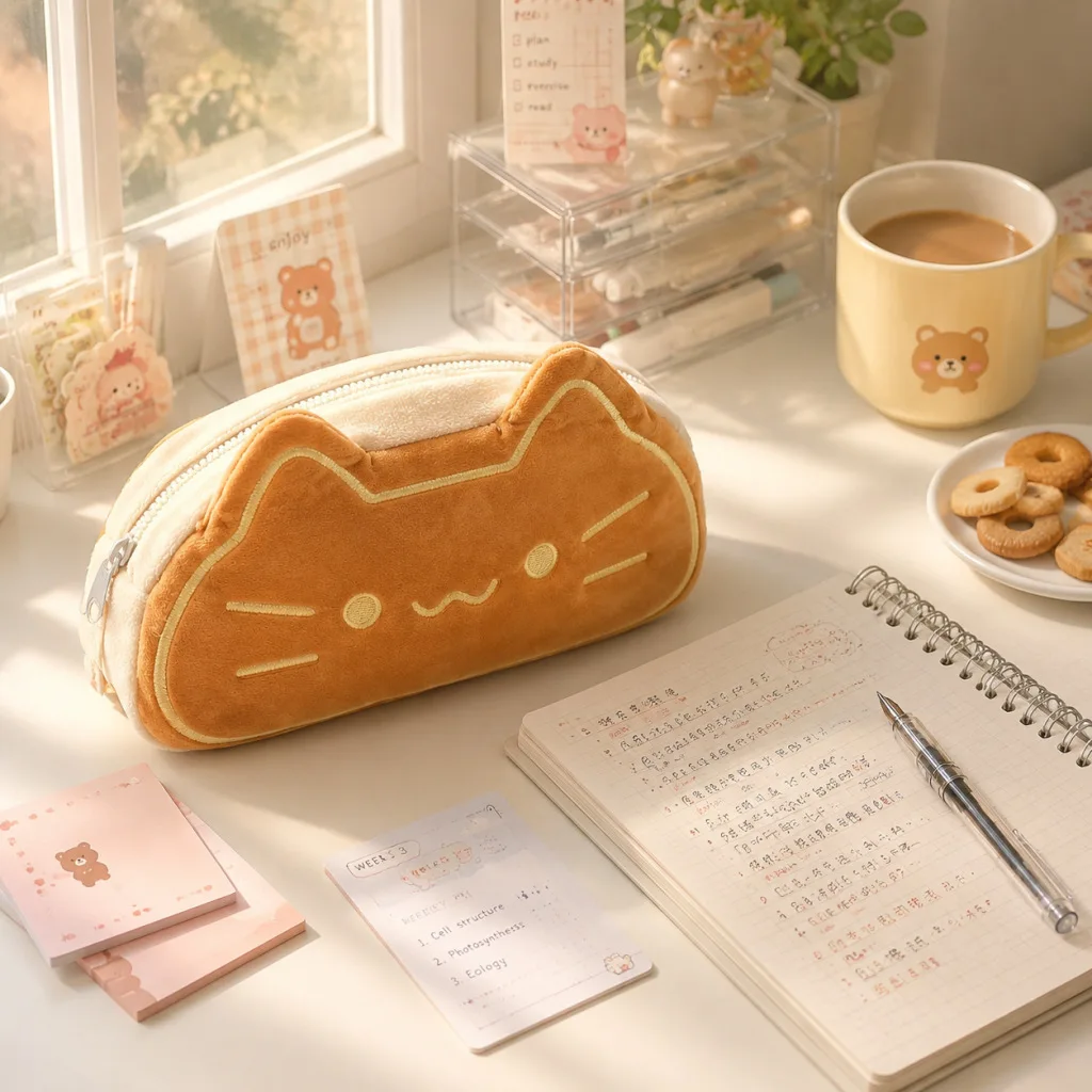 Estojo de Pelúcia Gato Kawaii Portátil para Material Escolar, Estojo Estético Ideal para Presentes de Amantes de Capivara