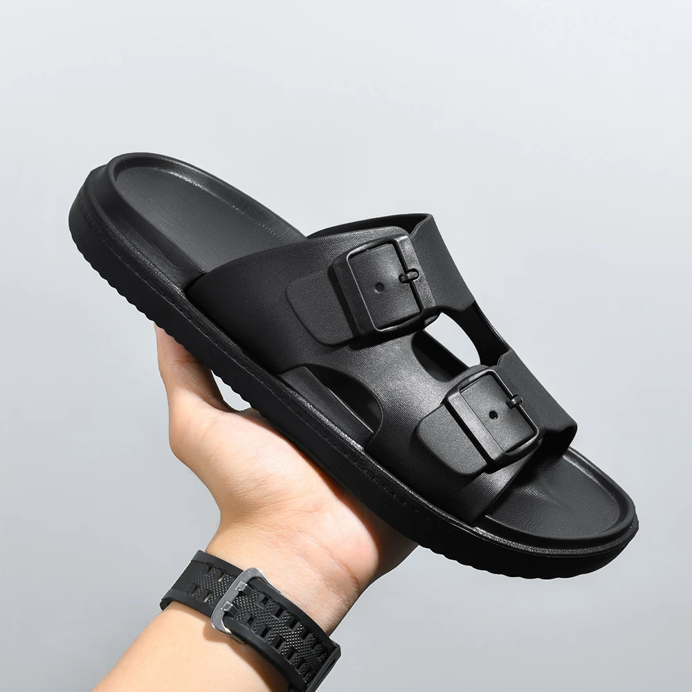 Fashion Soft Sole Pillow Slippers for Men Double Buckle Thick Platform Cloud Slides Sandals Men Summer Beach Non Slip Flip Flops