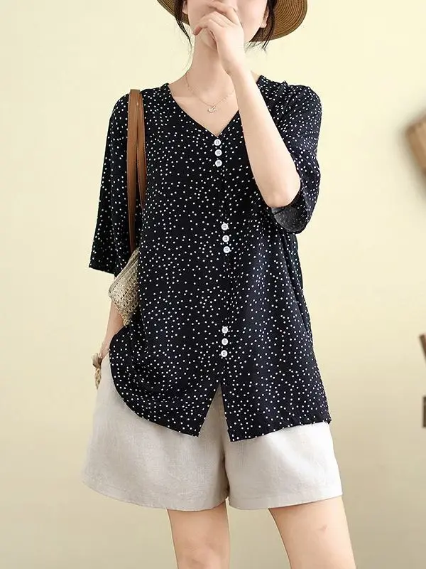 루즈핏 코튼 린넨 V넥/라운드넥 물방울 무늬 여성 상의 한국 스타일 여름 신상 큰 사이즈 중년 여성 상의