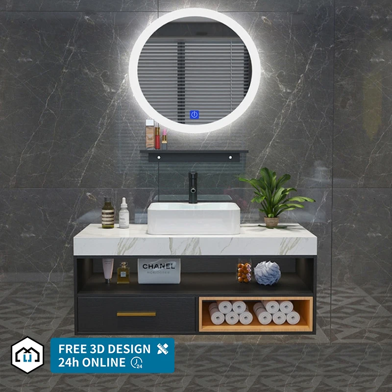 High Quality Modern Luxury Plywood Ceramic Countertop Basin Wall Mounted Vanity Bathroom Single Door Smart Led Mirror Cabinet