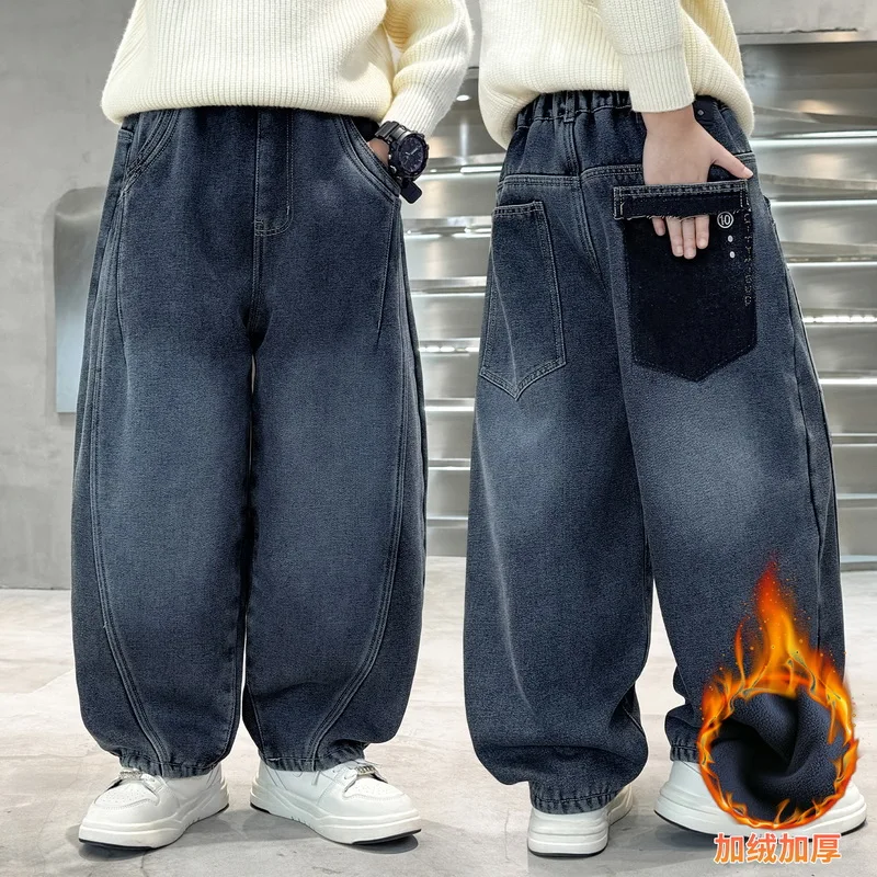 Kids Retro Thermal Jeans Sweatpants Teenage Boys Winter Thicken Corduroy Jeans Trousers For Child Warm Insulate Denim Pants 4-14