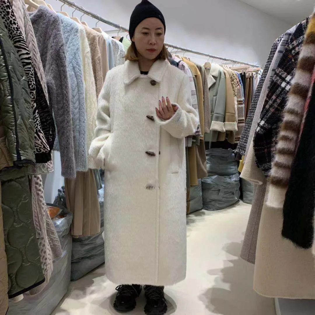 2023 High-end Winter White Alpaca Wool Coat Women New Long 100% Alpaca Wool Straight Cylinder Elegant Liner Thickened Warm Coat image 5
