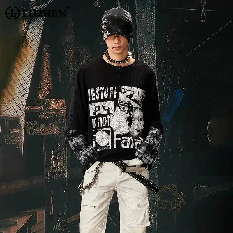 LUZHEN 2026 New Original Pattern Patchwork Fake Two Piece Design Long Sleeve T-shirt Men's Fashion Round Neck Casual Tops JY6762