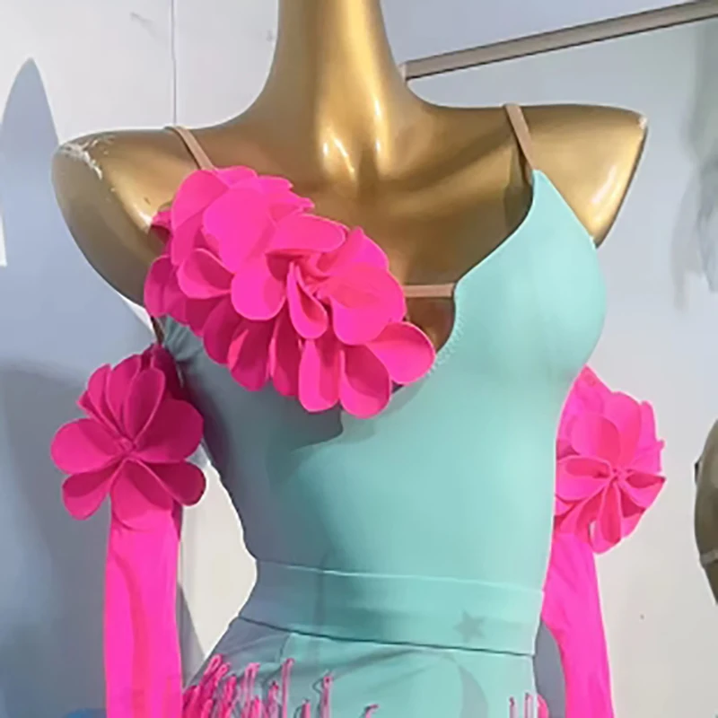 

Женское высококачественное платье для латиноамериканских танцев с бахромой, сетчатой юбкой и цветочным узором, для выступлений в стиле ча-ча-ча и самба, с отделкой стразами