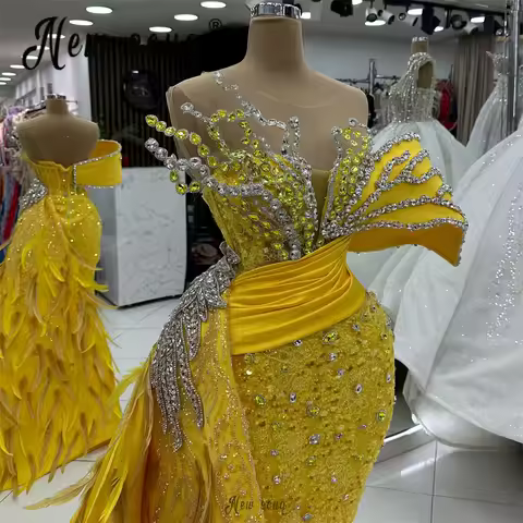 Gold Feather Luxury Evening Dress With Side Overskirt Women 2 in 1 Wedding Party Dress Customized Sparkly Crystals Bridal Dress