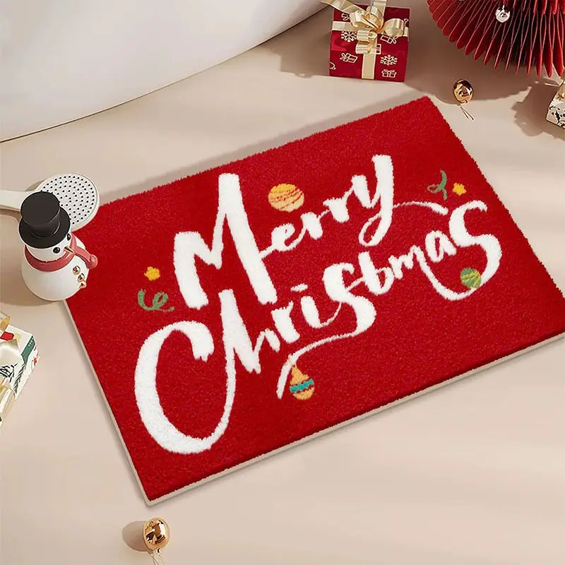 VIKAMA Bathroom Floor Mat Merry Christmas Red Script Text Rug with Ornament Star Ball for Tub Shower Winter Holiday Home Decor