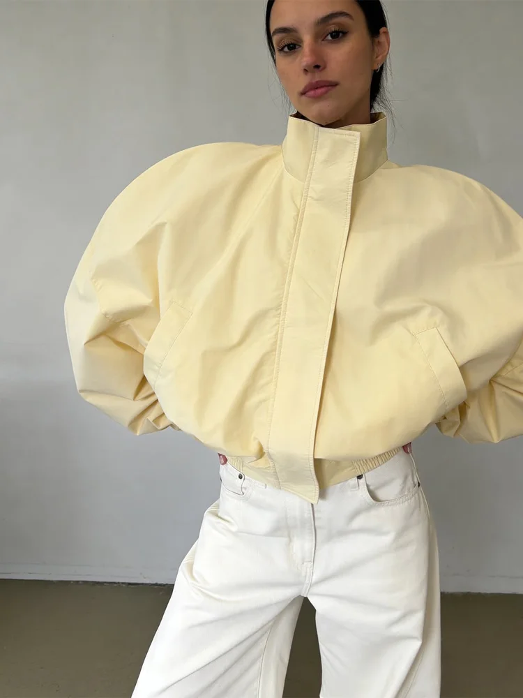 Chaqueta Bomber Clásica de Color Sólido con Mangas Abullonadas para Mujer, Chaqueta Casual con Cuello Alto y Cierre de Cremallera, Chaqueta Oversize, Nueva Colección 2026, Ropa Urbana Diaria para Dama
