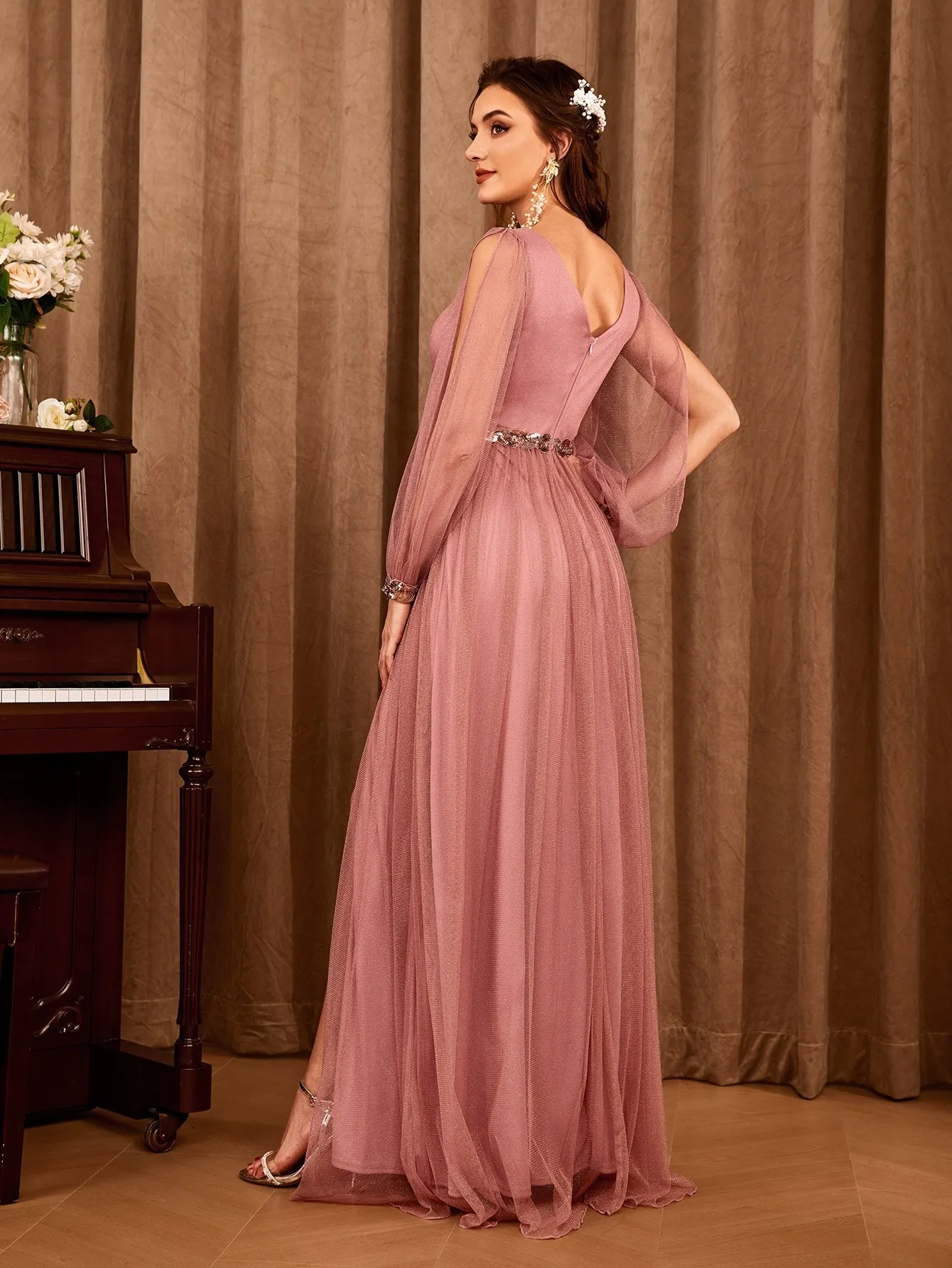 Dazzling V-Neck Prom Dress with Sheer Shimmer Sleeves and Sequin Waist – Perfect for Formal Evenings & Galas