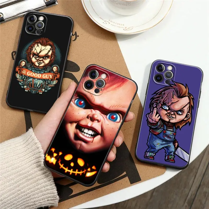 

Horror Scary Chucky Doll Black Phone Case for Apple IPhone 12 11 13 14 Pro Max 15 XR 8 7 Plus SE Soft Cover Childs-play-3 Fundas