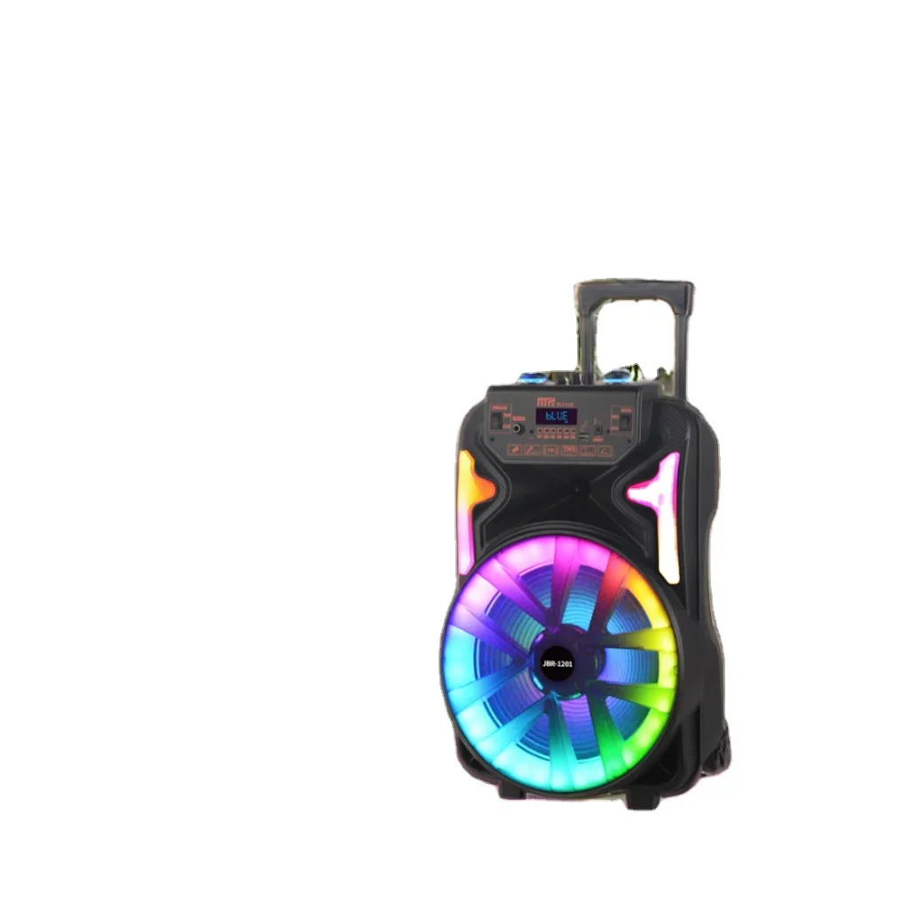 

High-Power 15 Inch 50W Portable RGB Trolley Speaker Double Wireless Mic Active Party Speakers Blue Plastic Battery