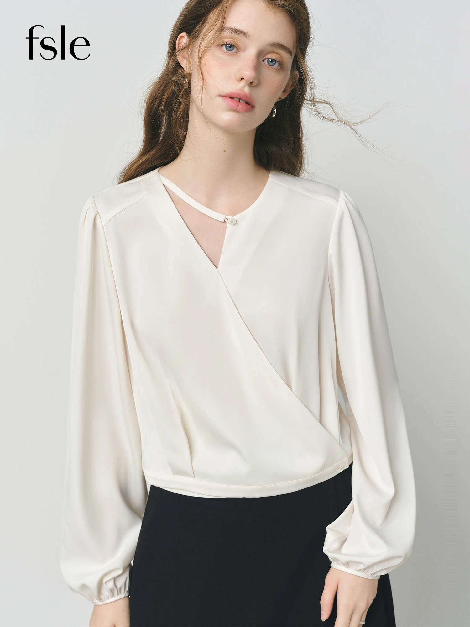 

FSLE Autumn 2025 V-Neck Asymmetrical Blouse - Diagonal Placket Long Sleeve Loose Fit Flattering Top Women Casual Shirt