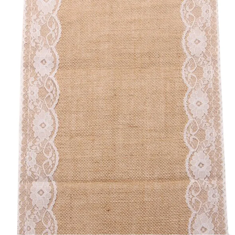 Holaroom Vintage Retro Burlap Linen Jute Event Party Supplies Wedding Christmas Table Cloth Tablecloth White Lace Table Runner