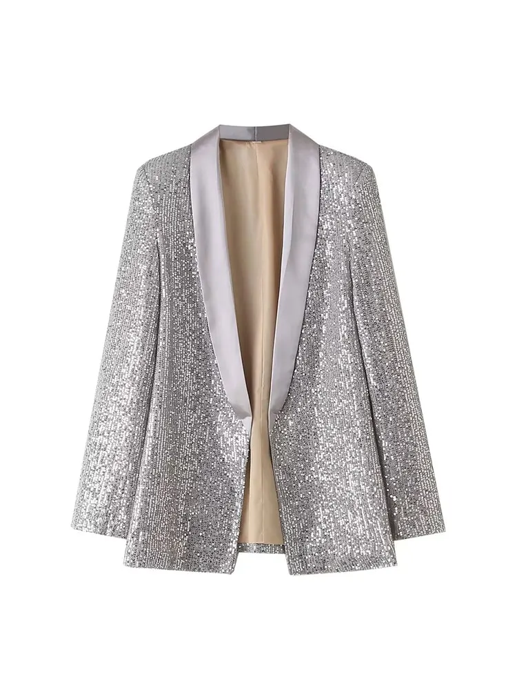 TRAF 2024 Spring Shiny Sequins Patchwork Women Party Casual Jacket Long Sleeve Cardigan Blazer Female Top Y2K Coat