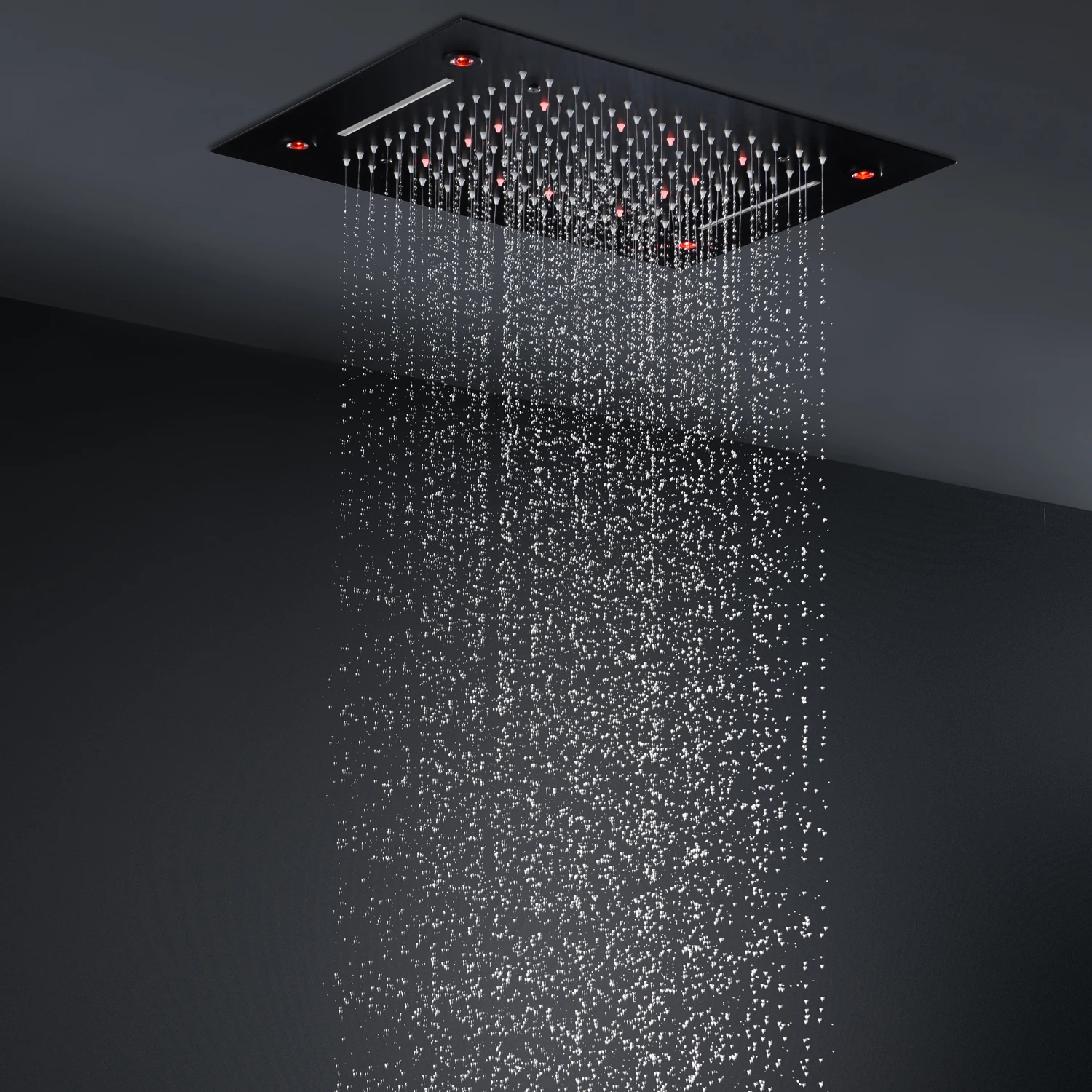 Bathroom Ceiling LED Shower Set Waterfall Rainfall Shower Head Panel Thermostatic Mixer Body Jets Black Faucets System 20x14Inch