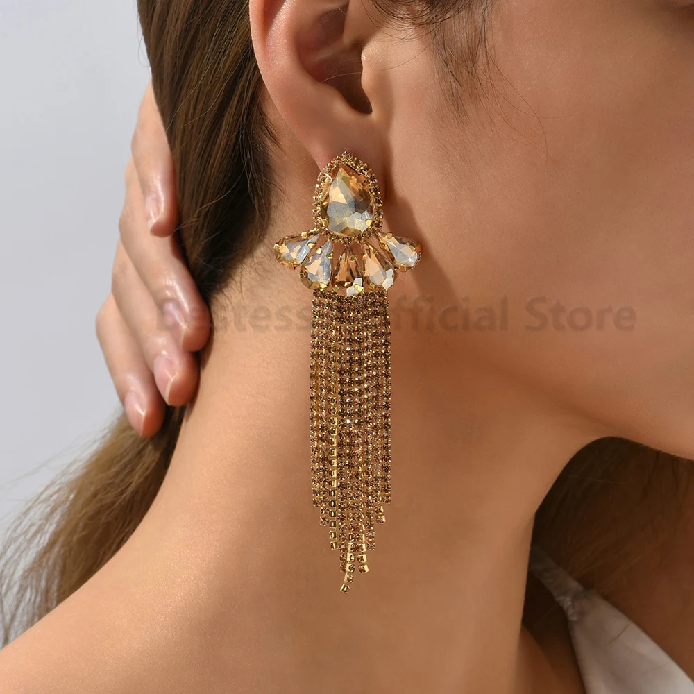 Shiny Inlaid Glass Elegant Alloy Long Tassel Earrings For Women Dinner Party Sexy Skirt Paired Ear Accessories Fashion Jewelry