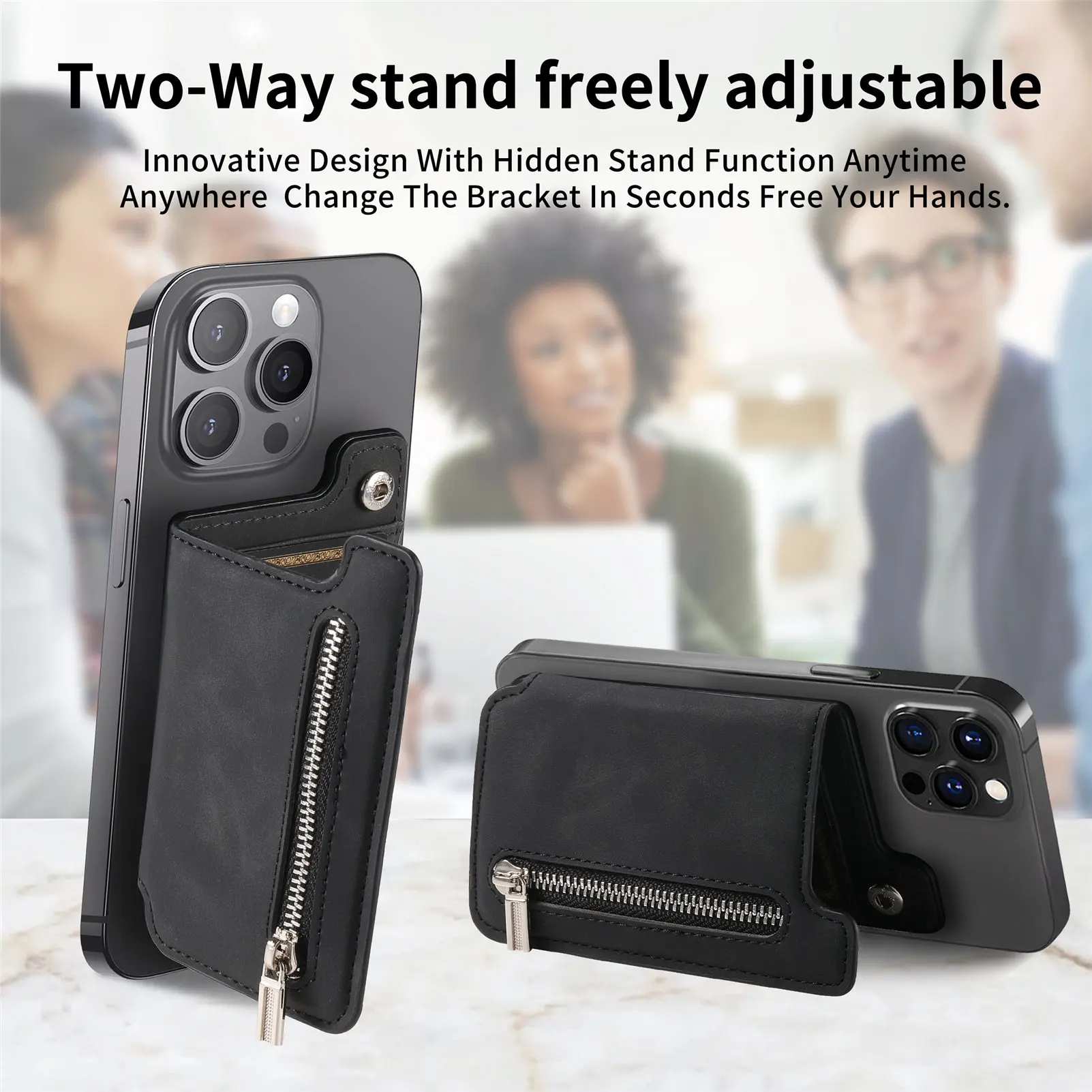 Magnetic Zipper Card Holder, Solid Color, 2-in-1 Anti-Theft, Kickstand, Holds Coins Keys Cards, For iPhone 12-18.