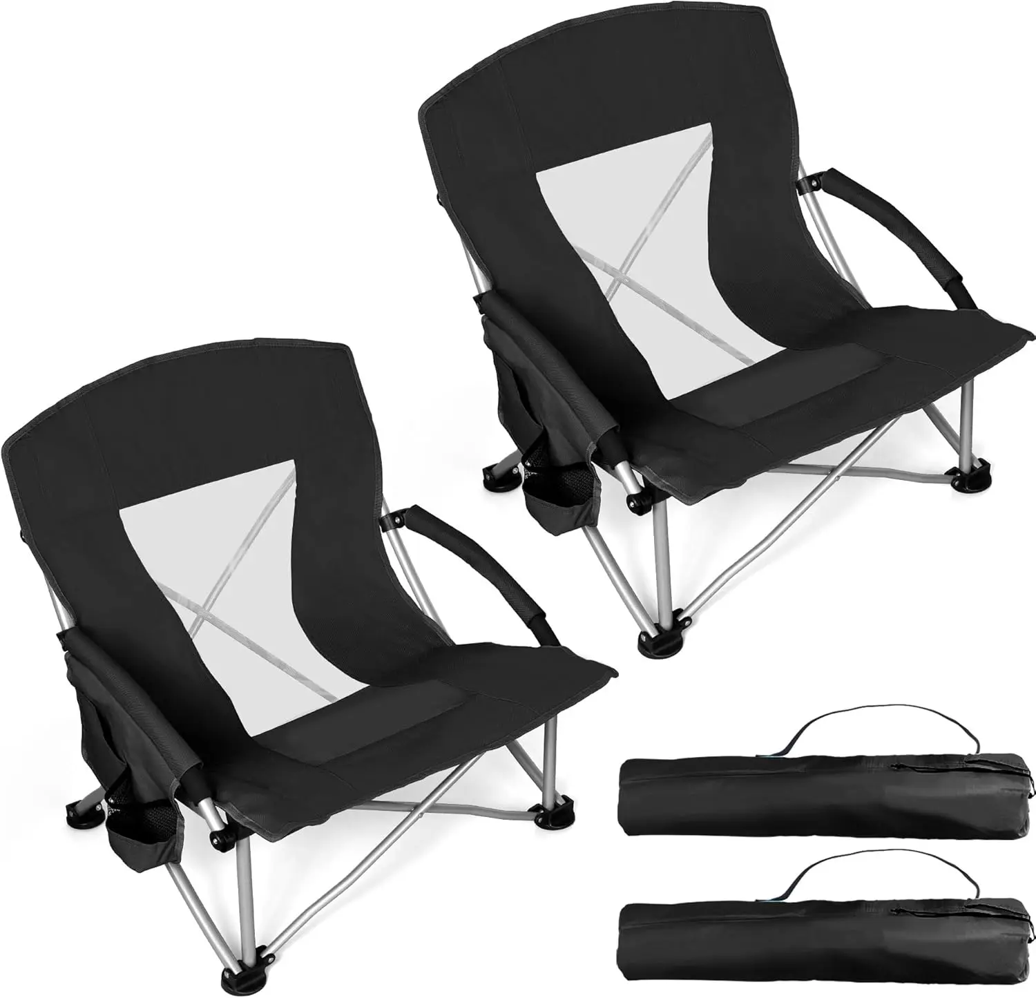 

Heavy Duty Beach Camping Chair (2 Pack), Folding Lawn Chair for Adults, Portable with Cup Holder & Carry Bag, Black