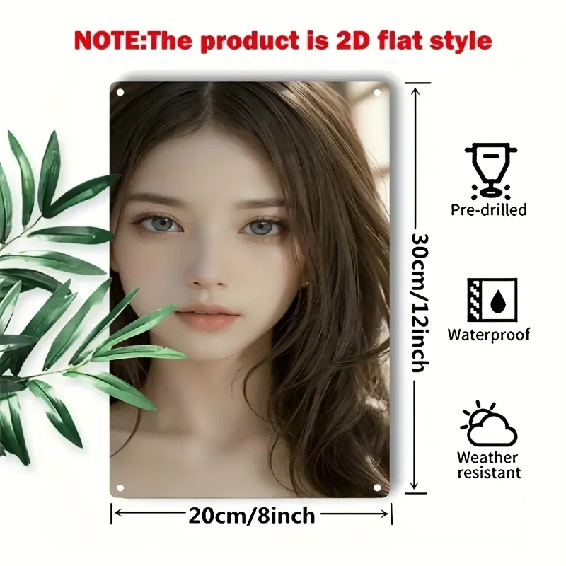 Korean Metal Wall Art Plate, Asian Woman Portrait Sign, Durable 2D Flat Iron Decor for Home Bar Cafe