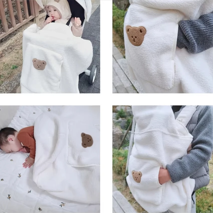 Ins Cartoon Bear Coral Fleece Baby Blanket Baby Stroller Windproof Winter Windproof Warm Portable Travel Baby Swaddle Blanket