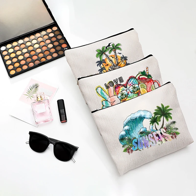 Summer Vacation Style Printed Canvas Storage Bag Makeup Bag Zipper Travel Cosmetic Bag Zero Wallet Mouth Red Envelope