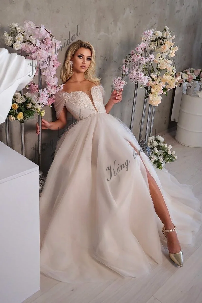 Unique A Line Wedding Dress with Sexy Deep V Neck Tulle Floral Lace Fairy Wedding Dress. Modern Bridal Lace-up Corset Ball Gown