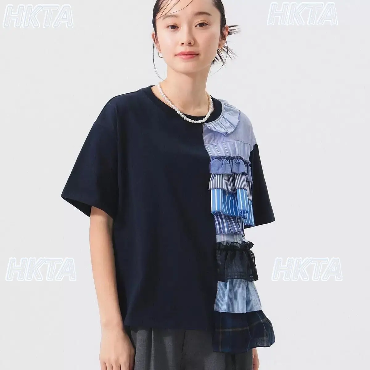 Original Japanese Asymmetrical Contrast Color Patchwork Stripes Round Neck T-shirt Short-sleeved T Shirt Women 2026 Summer Tops