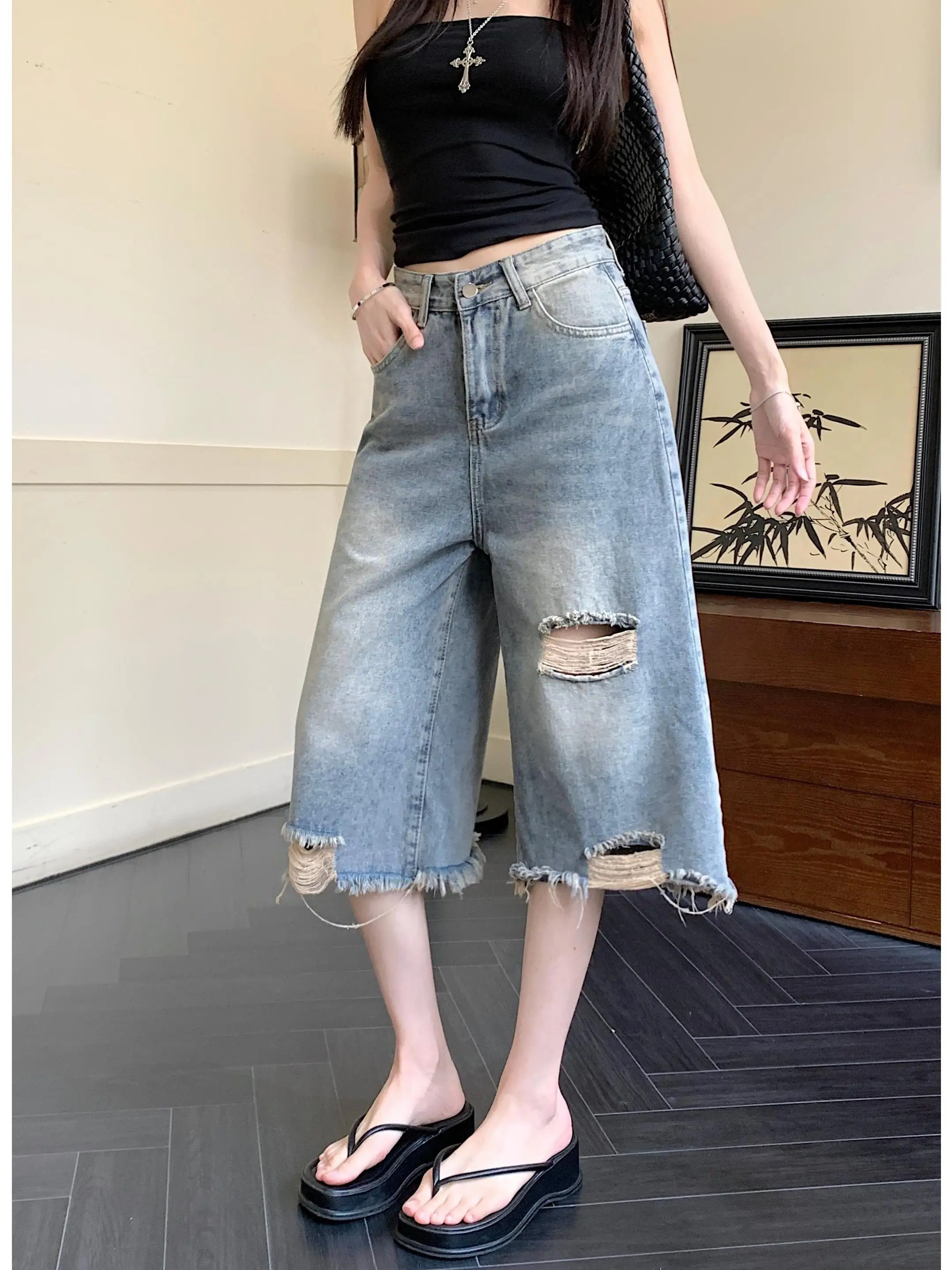 

Retro American High Street Distressed Seven-Five Denim Jeans Women Summer New Loose Wide Leg Pants Casual High Waist