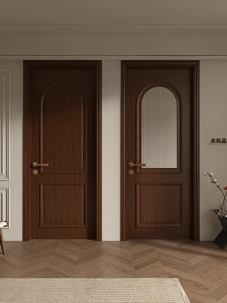 

French retro medieval style bedroom room solid wood door interior paint walnut glass swing door