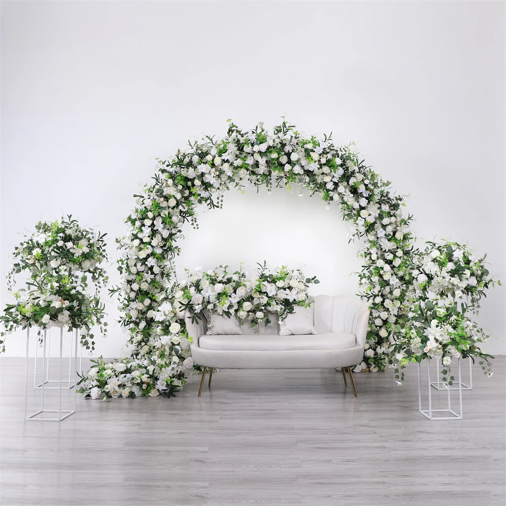 White Baby Breath Green Apple Leaves Backdrop, Fake Flower Row with Arch, Wedding Decor, Party Event, Marriage Decoration, 2.5m