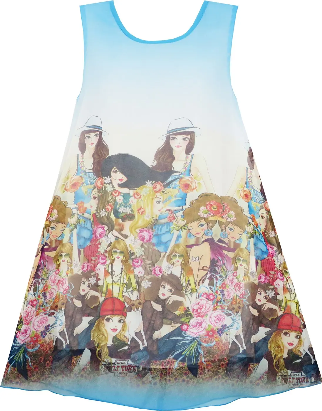 Girls Dress Tank Modern People Figure Print Blue