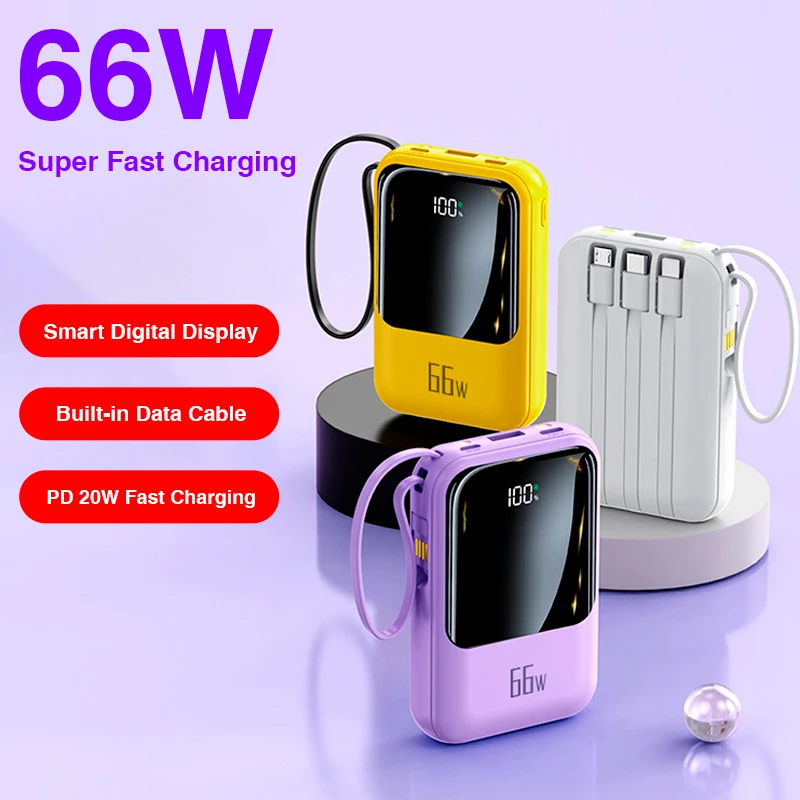 

Mini 66W 20000mah Mobile Phone Ultra-fast Charging Built-in Cable for IPhone Huawei Xiaomi Digital Display LED