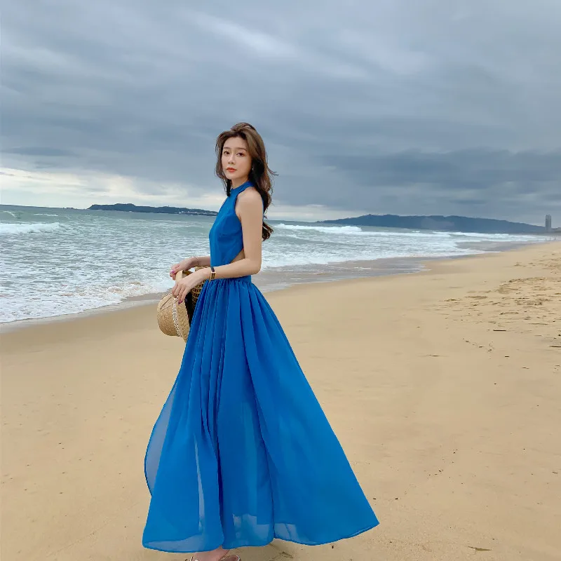 

Blue Beach Chiffon Sleeveless Dress Women's Casual Solid Summer Vacation Sexy Backless Dress Ladies Clothes F052
