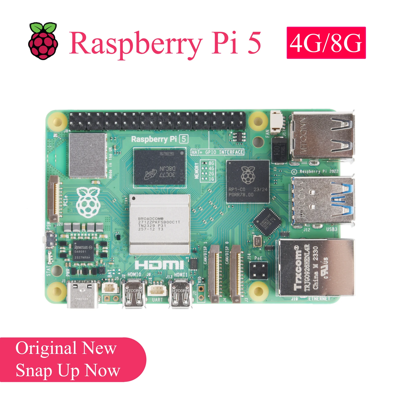 

Original Raspberry Pi 5 Development Board RAM 4G 8G 4 Core CPU 2.5Ghz 2.4G&5G WiFi DC 5V 5A Dual 4Kp60 HDMI With HDR PCle 2.0