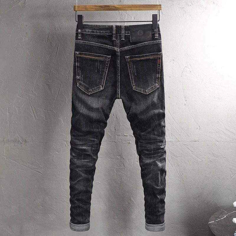 Italian Style Fashion Men Jeans High Quality Retro Black Gray Slim Fit Ripped Jeans Men Stretch Vintage Designer Denim Pants