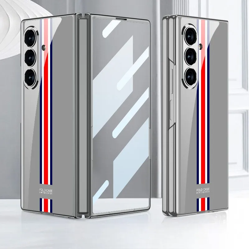 Für Samsung Galaxy Z Fold 7, plattierte Handyhülle aus lackiertem Glas, blau, stoßfeste Handyhülle, integrierter Displayschutz, Capa Funda