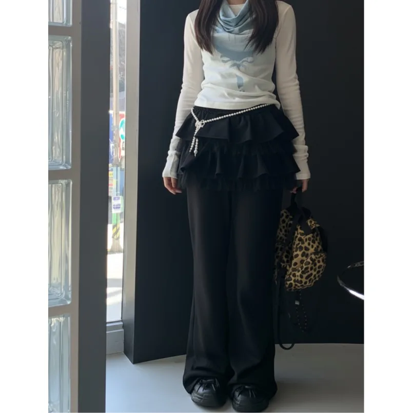 Polka Dot Mesh Splice Sweatshirt Pleated Skirt Hem Fake Two Piece Long Pants Bell Bottoms Casual Pants for Ladies