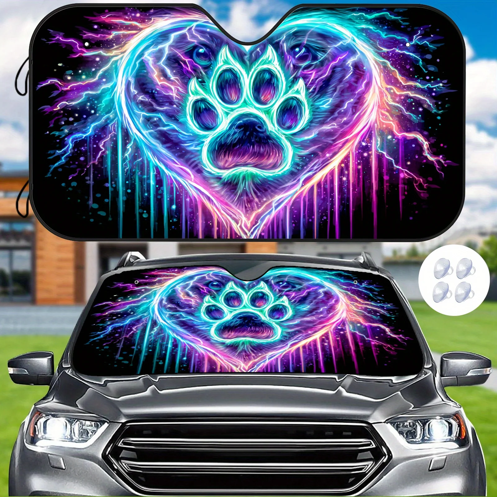 Neon Claw Heart Car Front Windshield Sunshade, Featuring A Vibrant Abstract Design That Helps Insulate And Maintain A Stable Tem