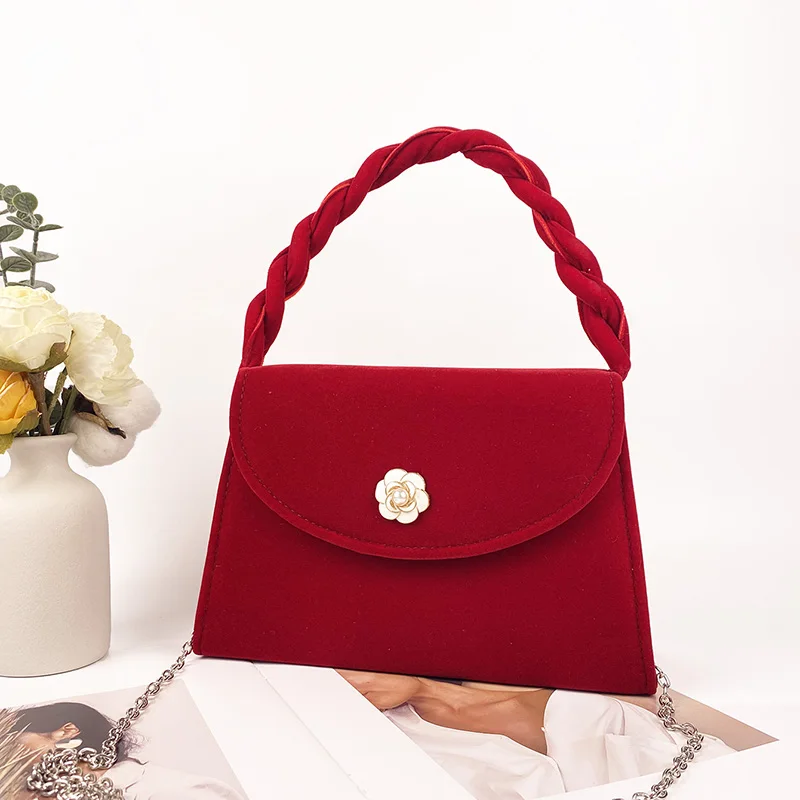 Red Retro Premium Wedding Bag Bridal Bag New Camellia Tote Bag Fashion One Shoulder Cross-body Bag Bag