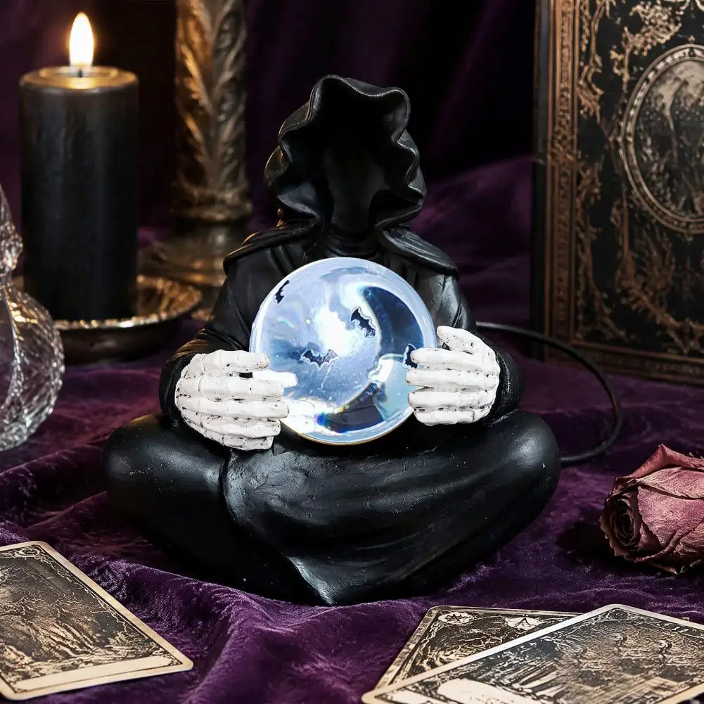 Ball Light Faux Ball Grim Reaper Statue Black Robed Sculpture Mysterious Glowing Orb Figurine for Home Party Decor Halloween