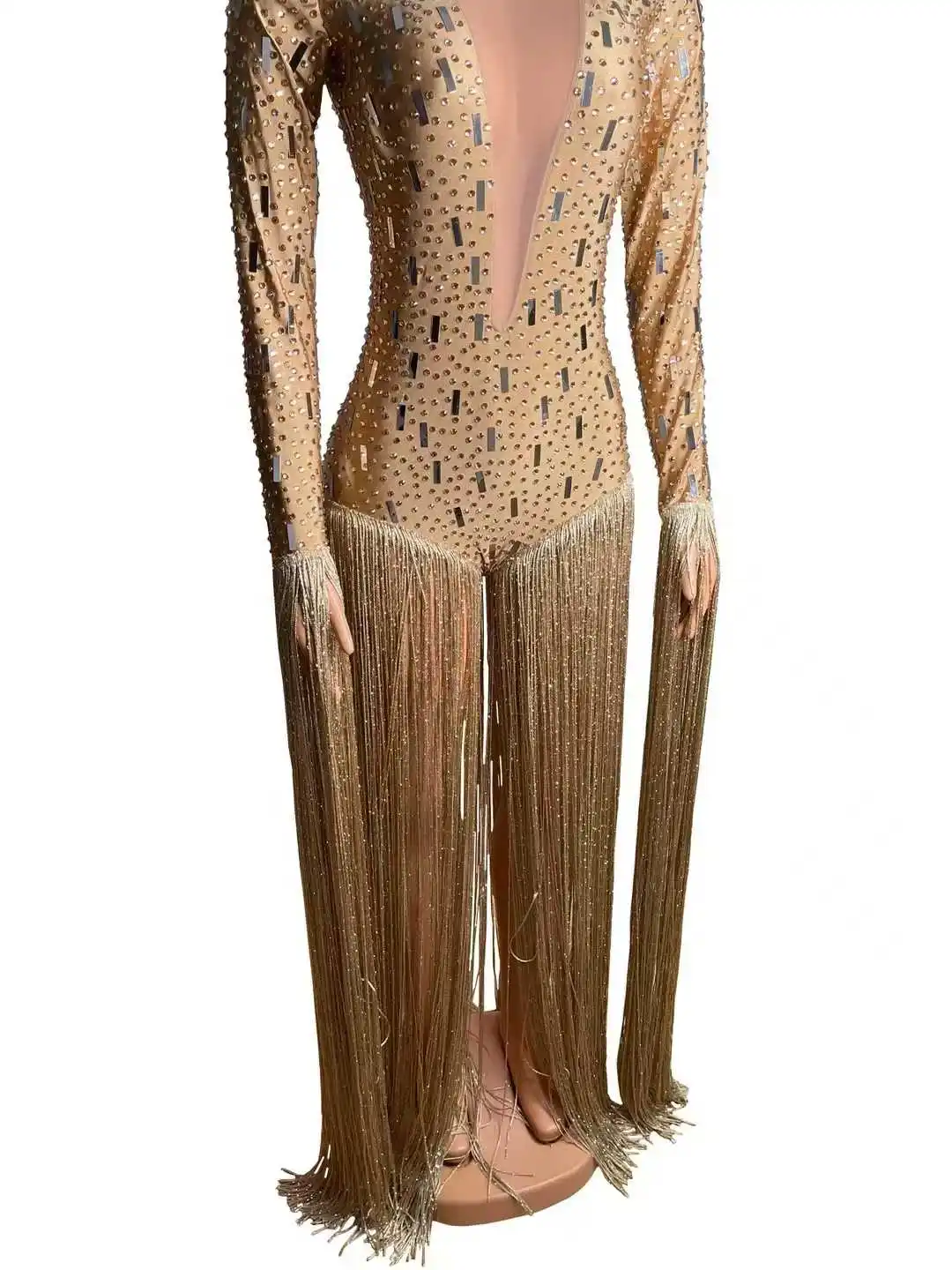 Przyciągające wzrok, błyszczące, eleganckie, brokatowe damskie body z frędzlami na powrót do domu, świętowanie, kostiumy królowej pokazów w Las Vegas.