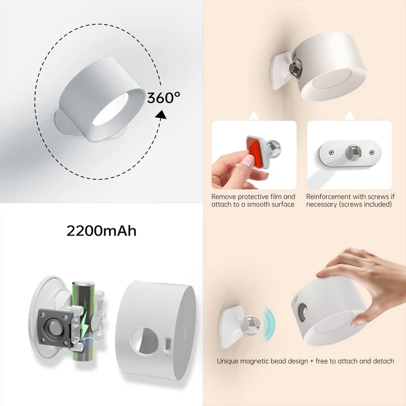 Настенный светильник ABNO-LED, 15 цветовых режимов, сенсорное управление, вращение на 360 градусов, бытовая аккумуляторная батарея.