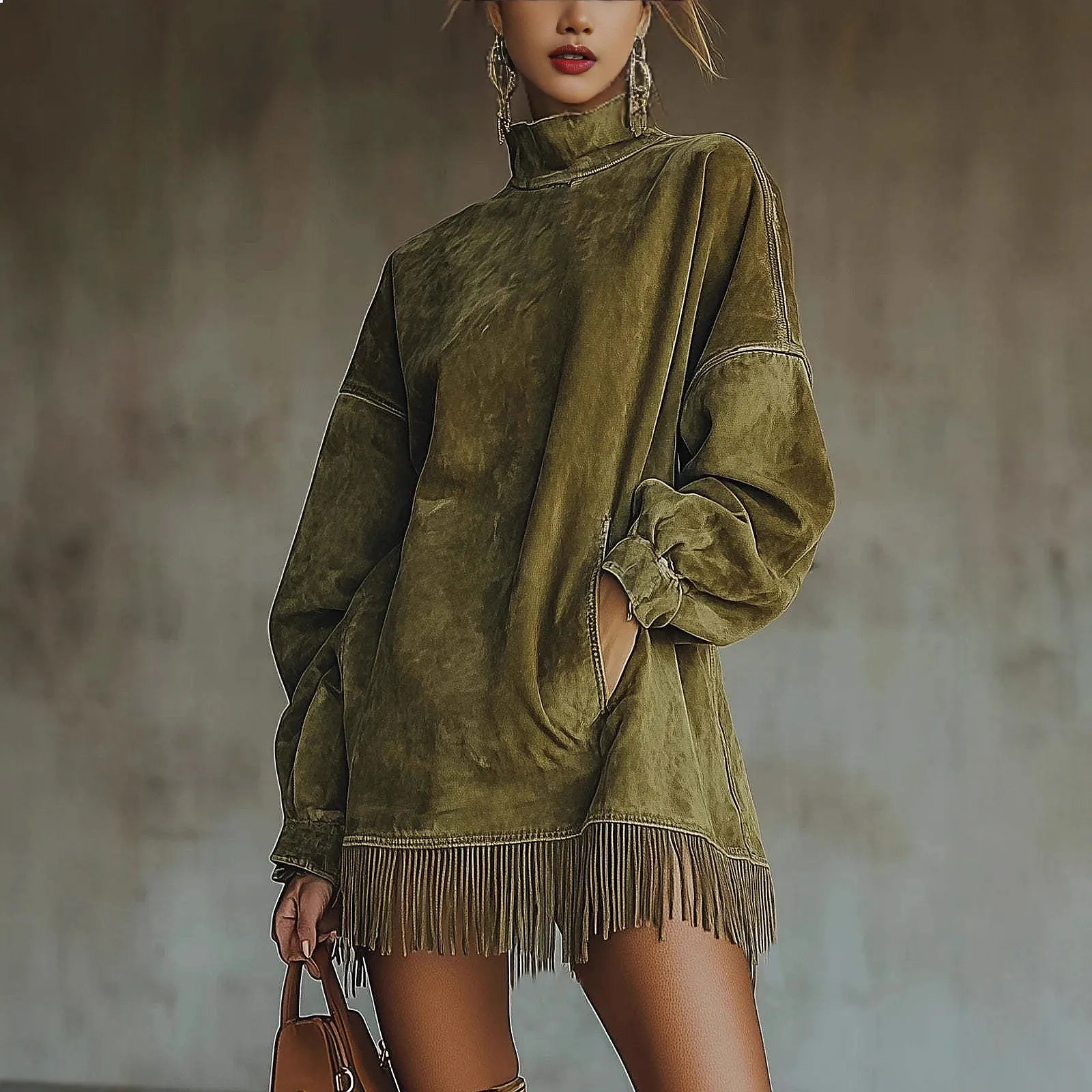 Fringe Suede Dress Turtleneck Loose Pocket Dresses Jumpsuit Playsuit Spring Summer