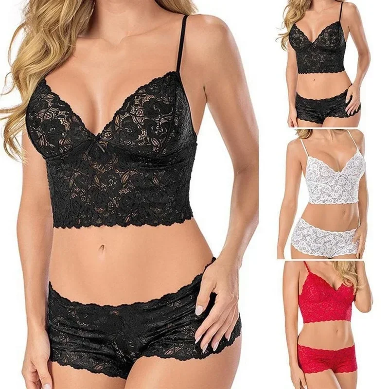1 Conjunto de Lencería Sexy de Encaje Talla Grande Estilo Europeo y Americano, Lencería de Tres Puntos con Tirantes y Sujetador de Moda