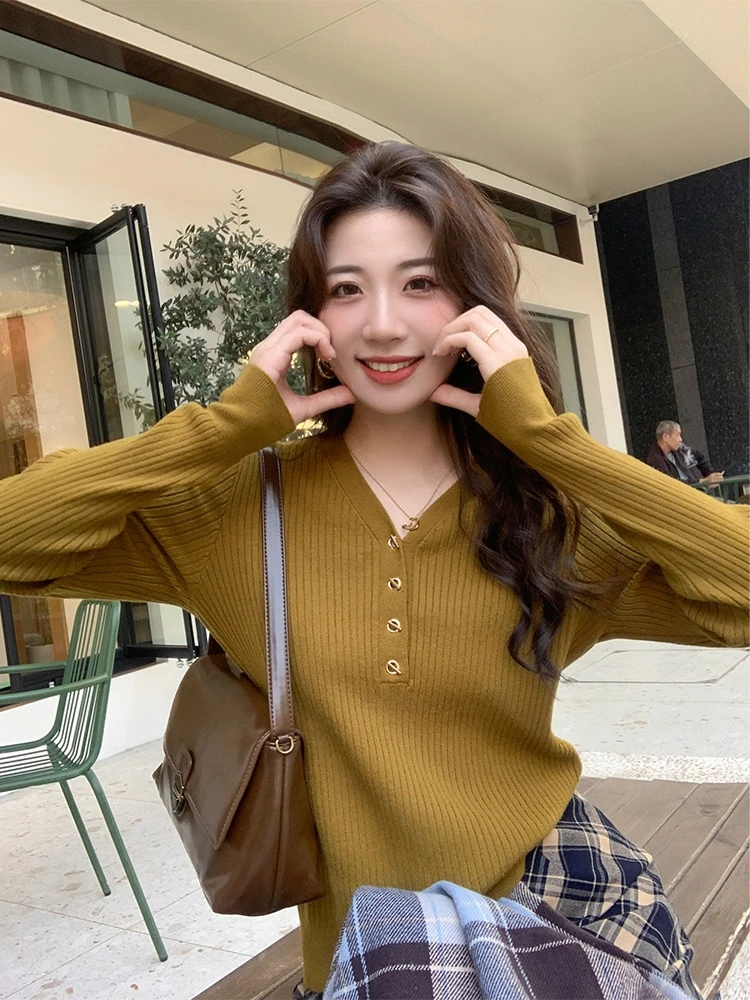 New Chic Autunno e Inverno Pullover a maniche lunghe lavorato a maglia maglione da donna Office Ladies Casual Slim scollo a V abiti coreani