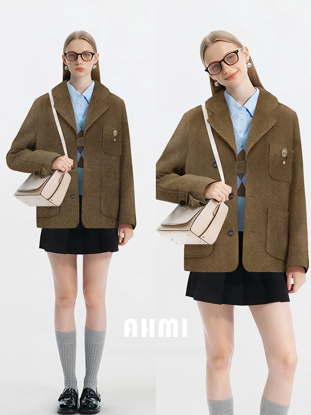 

AHMI Faionable Long Sve Woolen Suit Jaet Women's Autumn Winter New Sle Tailored ape Commute Sle Loose Fit Coat