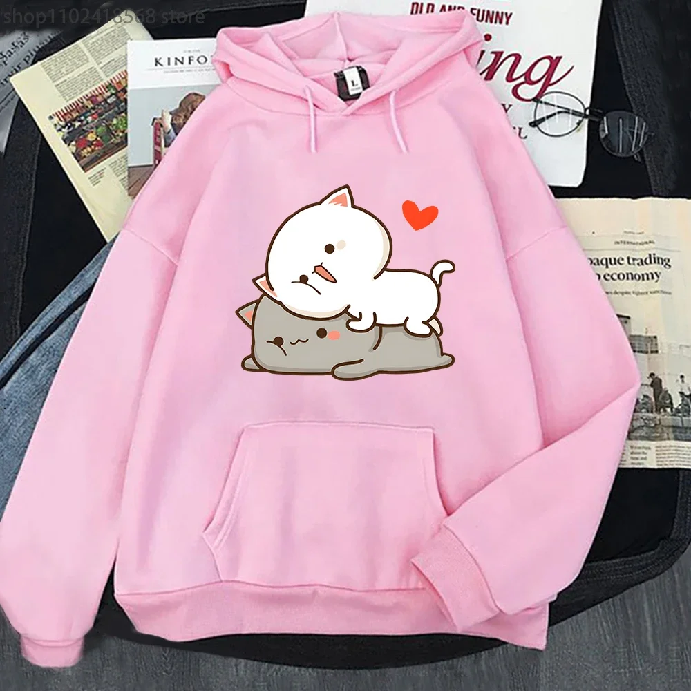 Hoodie motif kucing persik Hoodie Kawaii kartun Goma Mochi Sweatshirt wanita pakaian wanita gaya Korea Streetwear Hoody Harajuku pria